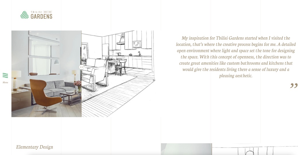 Original website interior-design page combining room photography with architectural sketches