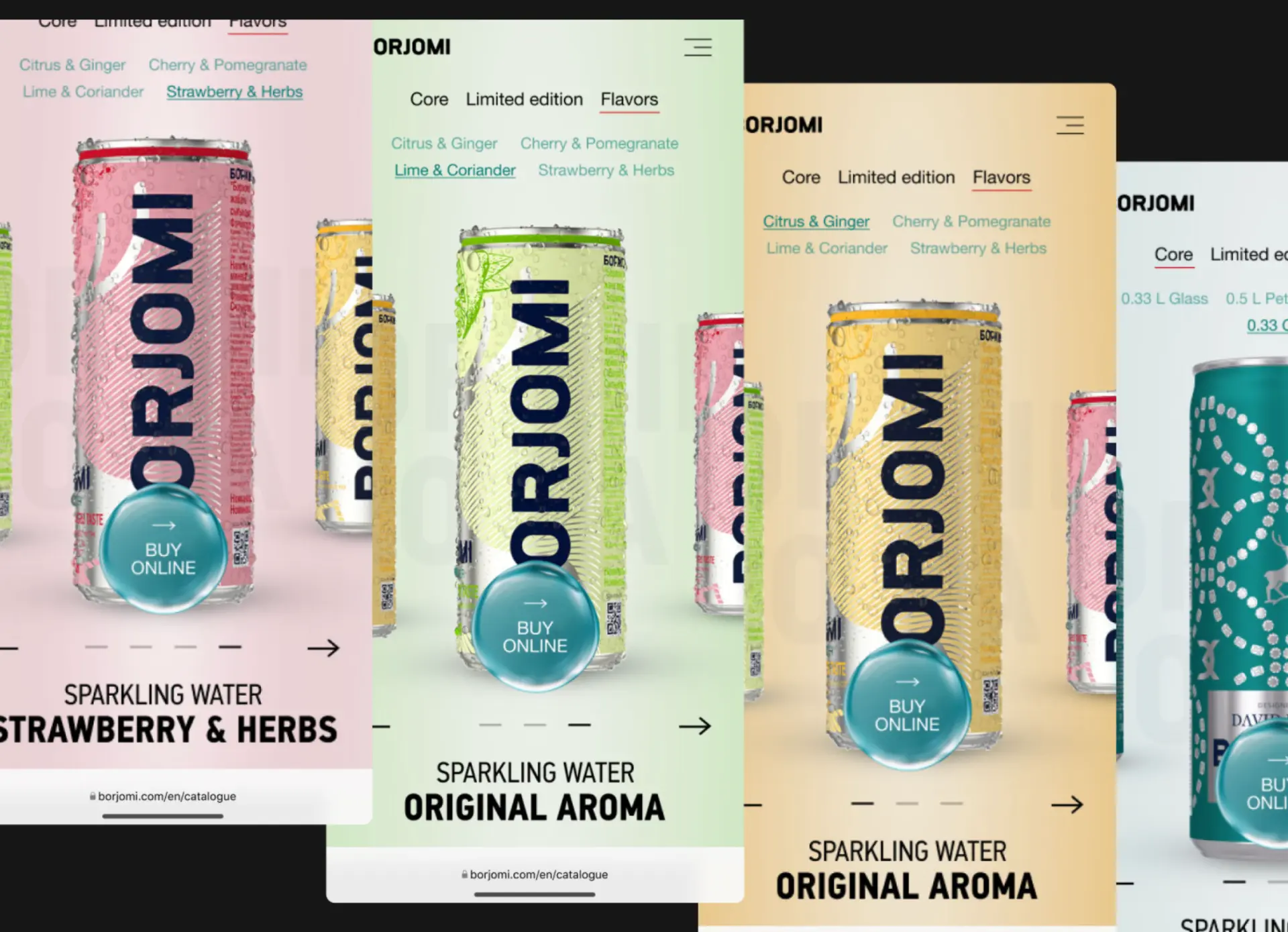 Borjomi mobile product catalogue with colourful sparkling water flavours
